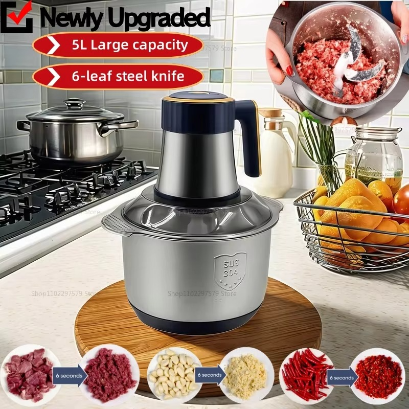 Electric Meat Grinder 5L Food Crusher Stainless Steel Multi-Functional Vegetable Slicer Processor Chopper for Kitchen Blenders