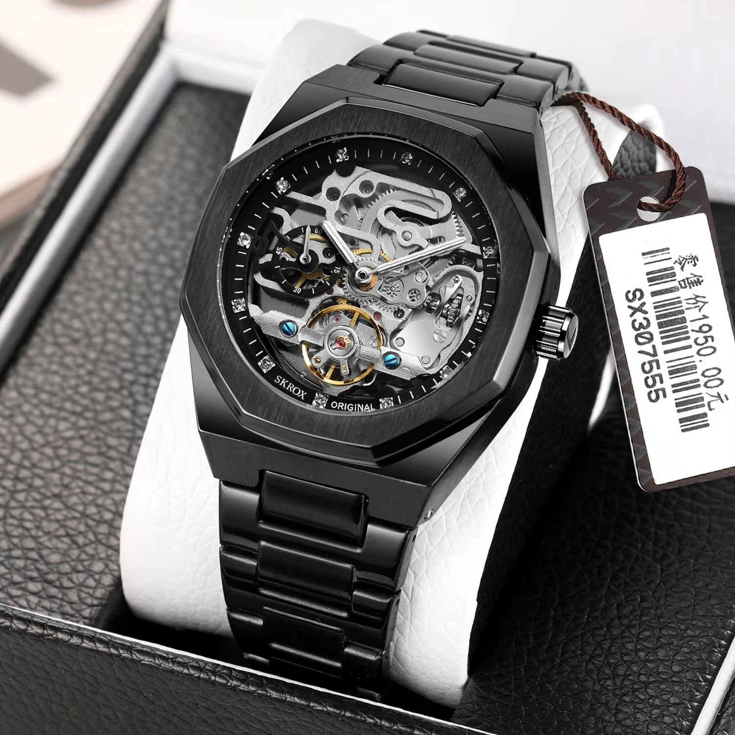 High-end Luxury Automatic Movement octagon Man Watch High Quality Stainless Steel Mechanical Skeleton Male Wrist Watches SKROX