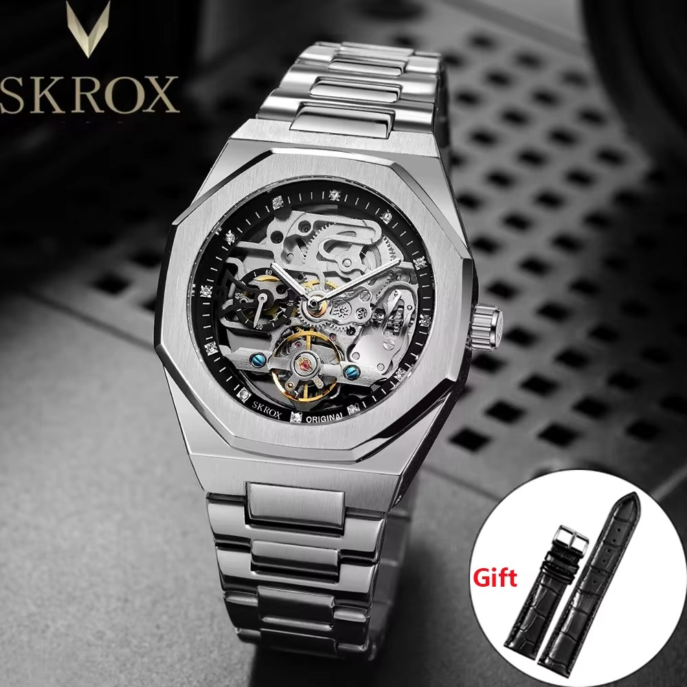 High-end Luxury Automatic Movement octagon Man Watch High Quality Stainless Steel Mechanical Skeleton Male Wrist Watches SKROX