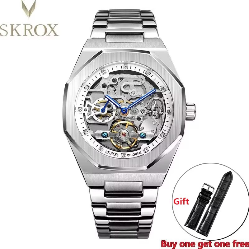 High-end Luxury Automatic Movement octagon Man Watch High Quality Stainless Steel Mechanical Skeleton Male Wrist Watches SKROX