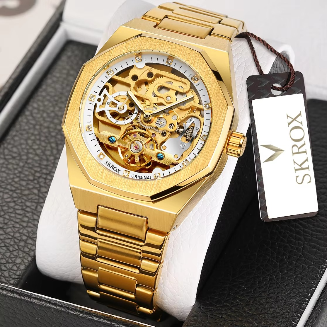 High-end Luxury Automatic Movement octagon Man Watch High Quality Stainless Steel Mechanical Skeleton Male Wrist Watches SKROX