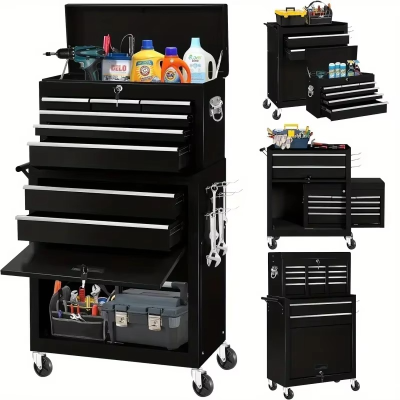 8-Drawer Metal Lockable Tool Chest Cabinet with Wheels, Black Storage Drawer Units, Rolling Tool Storage Box