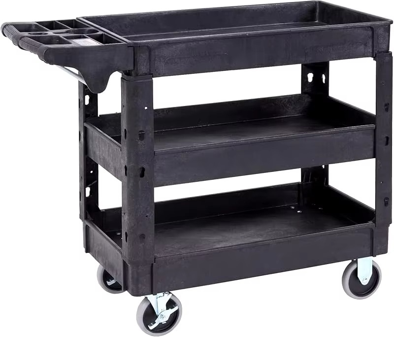 Foldable Utility Service Cart, 165LBS 3 Shelf Heavy Duty Plastic Rolling Cart with 360° Swivel Wheels (2 with Brakes),