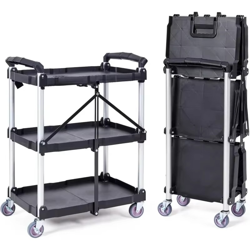 Foldable Utility Service Cart, 165LBS 3 Shelf Heavy Duty Plastic Rolling Cart with 360° Swivel Wheels (2 with Brakes),