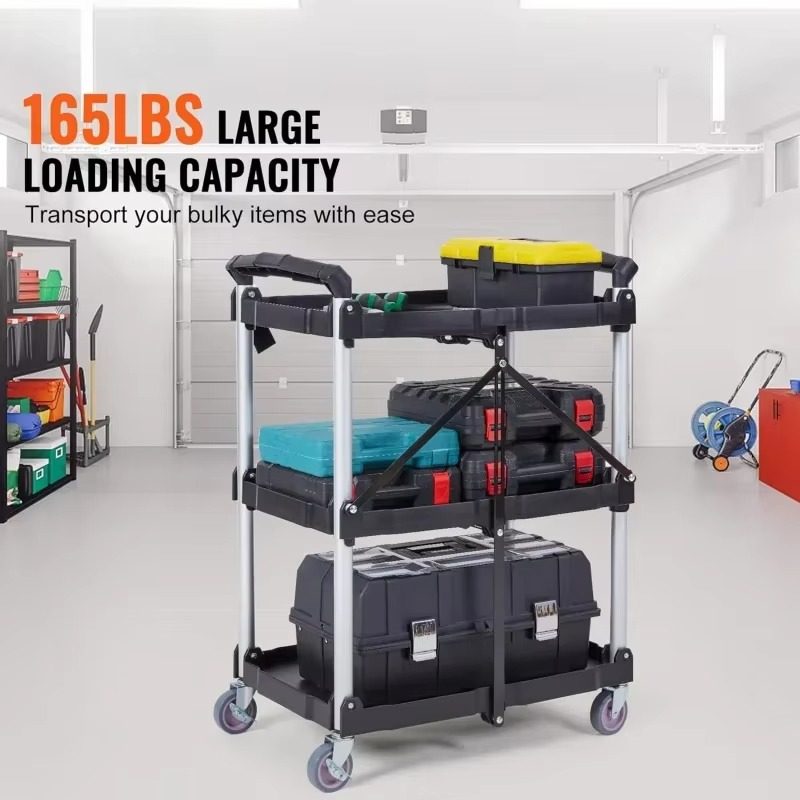 Foldable Utility Service Cart, 165LBS 3 Shelf Heavy Duty Plastic Rolling Cart with 360° Swivel Wheels (2 with Brakes),