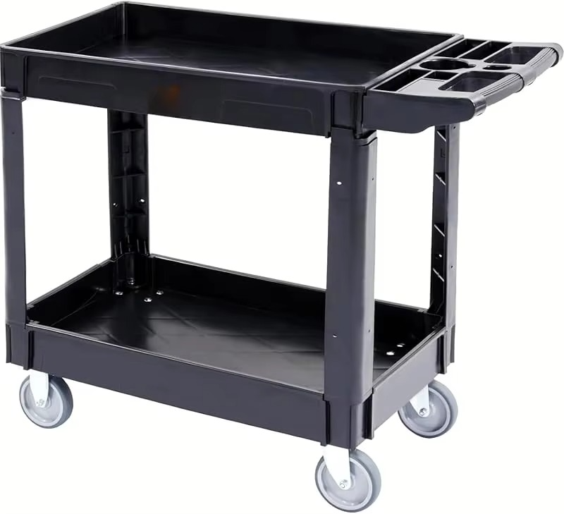 Foldable Utility Service Cart, 165LBS 3 Shelf Heavy Duty Plastic Rolling Cart with 360° Swivel Wheels (2 with Brakes),