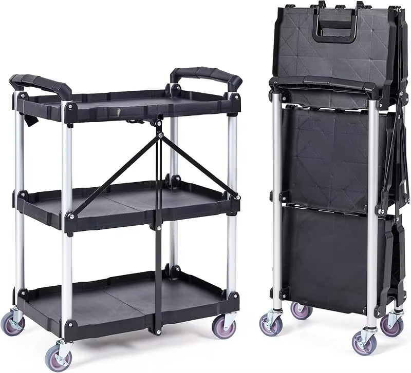Foldable Utility Service Cart, 165LBS 3 Shelf Heavy Duty Plastic Rolling Cart with 360° Swivel Wheels (2 with Brakes),