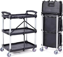 Foldable Utility Service Cart, 165LBS 3 Shelf Heavy Duty Plastic Rolling Cart with 360° Swivel Wheels (2 with Brakes),