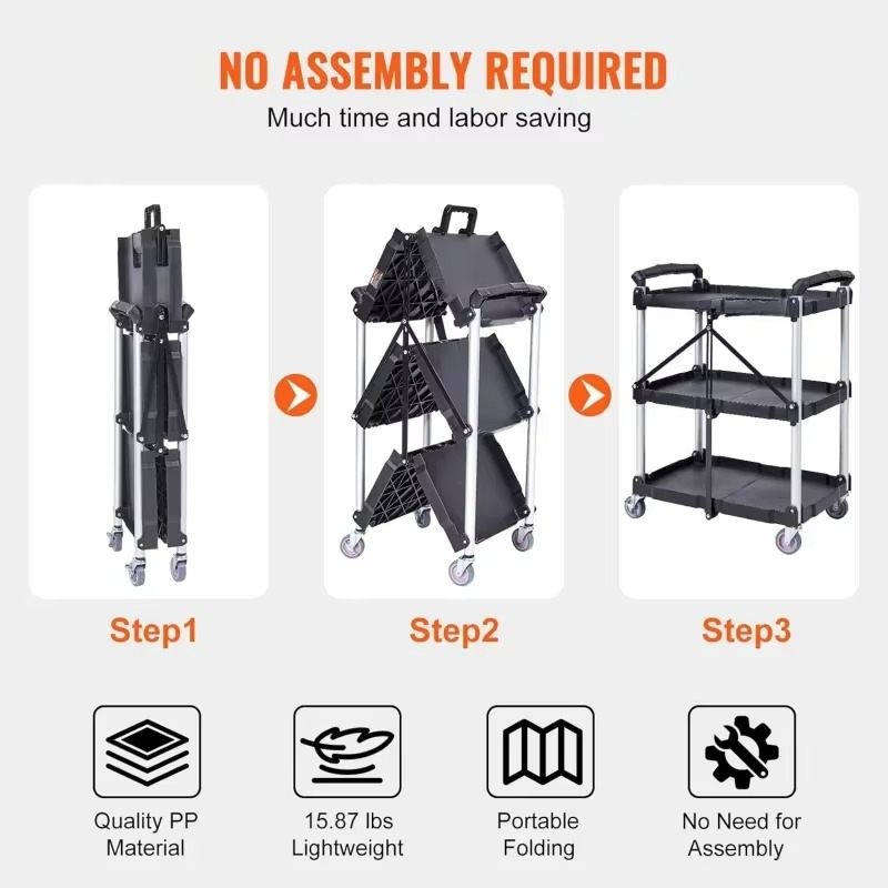Foldable Utility Service Cart, 165LBS 3 Shelf Heavy Duty Plastic Rolling Cart with 360° Swivel Wheels (2 with Brakes),