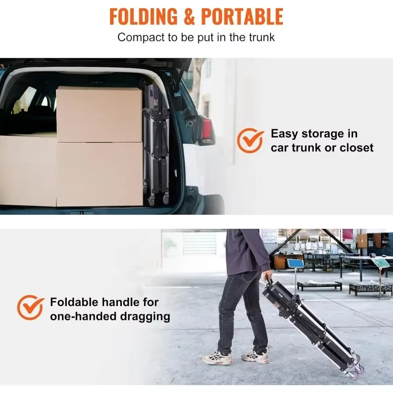 Foldable Utility Service Cart, 165LBS 3 Shelf Heavy Duty Plastic Rolling Cart with 360° Swivel Wheels (2 with Brakes),
