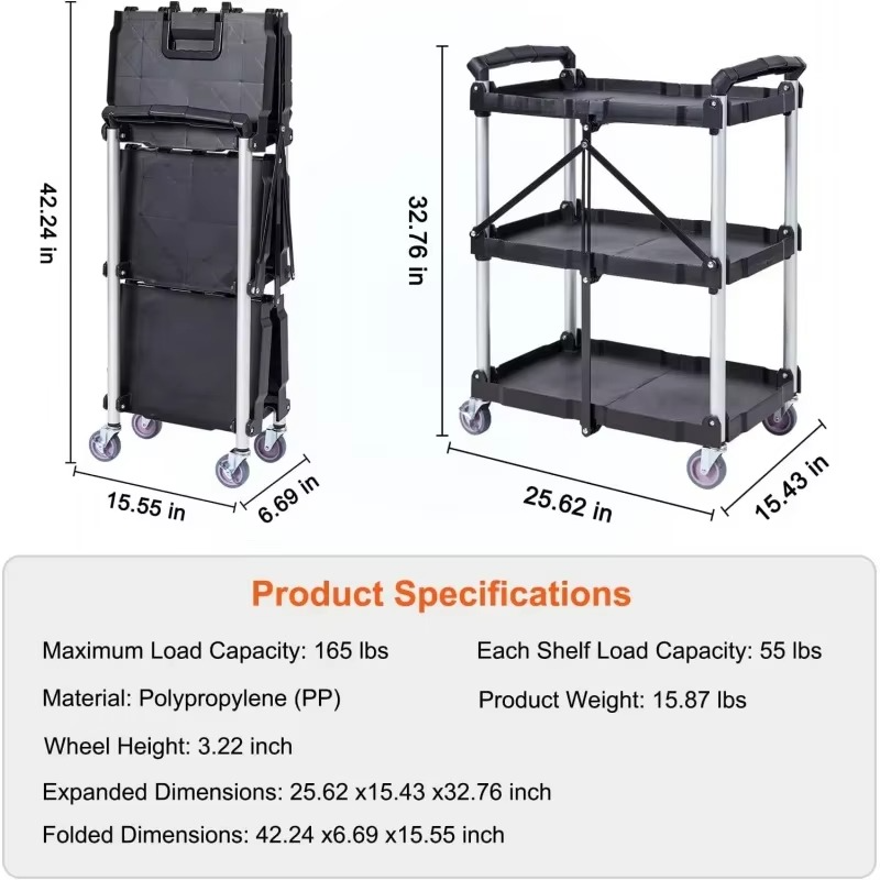 Foldable Utility Service Cart, 165LBS 3 Shelf Heavy Duty Plastic Rolling Cart with 360° Swivel Wheels (2 with Brakes),