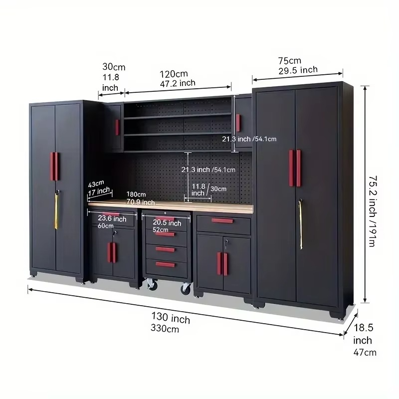 9pcs Garage Shop Tool Storage Cabinet With Pegboard And Wooden Work Top