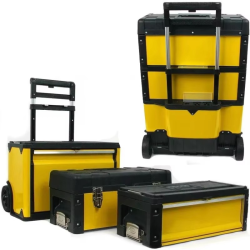 Portable Tool Box on Wheels - Stackable 3-in-1 Chest for Workshops and Craft Rooms - Foldable Comfort Handle and Latches