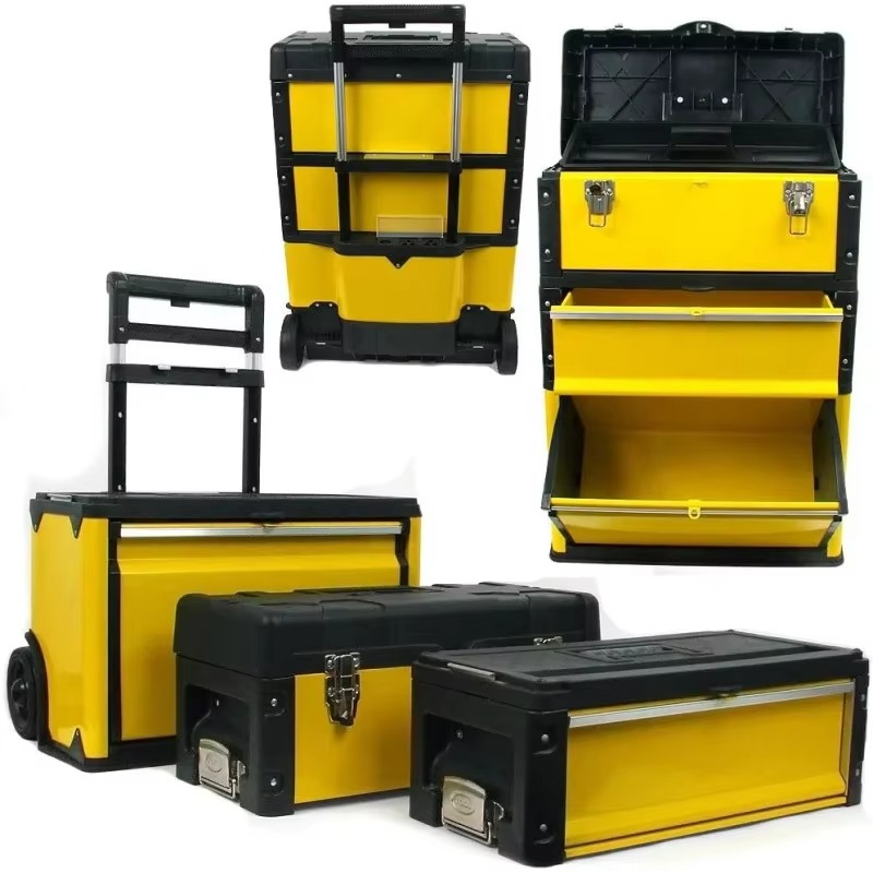 Portable Tool Box on Wheels - Stackable 3-in-1 Chest for Workshops and Craft Rooms - Foldable Comfort Handle and Latches