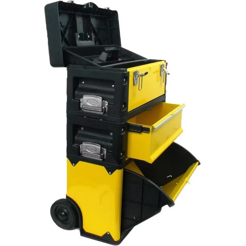 Portable Tool Box on Wheels - Stackable 3-in-1 Chest for Workshops and Craft Rooms - Foldable Comfort Handle and Latches