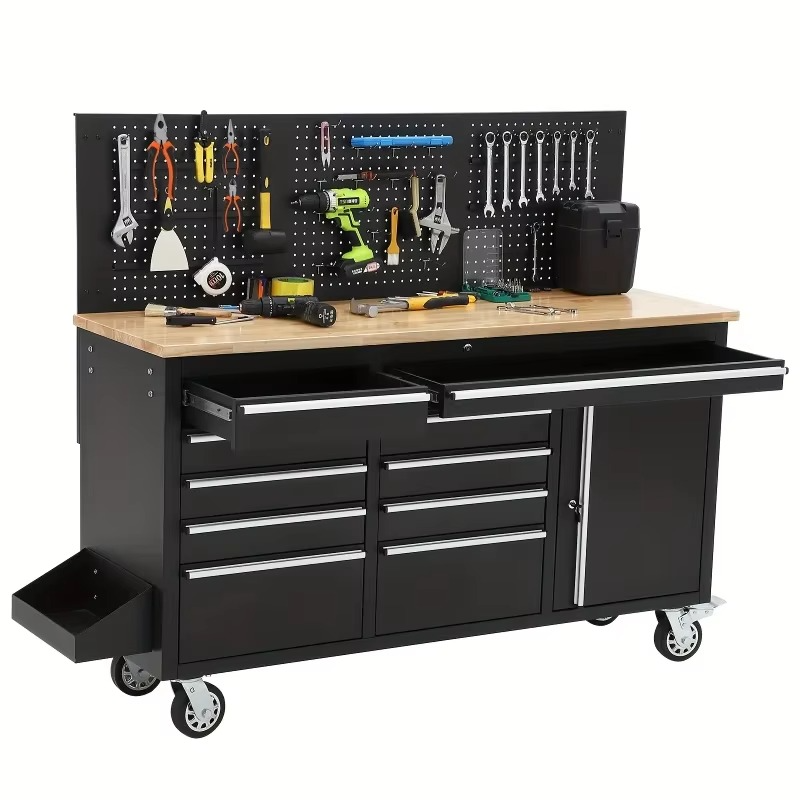 61" Heavy Duty Rolling Workbench with Solid Rubber Wood Top, Mobile Cabinet Workstation, 2000 LBS Load Capacity