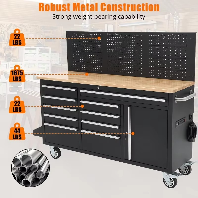 61" Heavy Duty Rolling Workbench with Solid Rubber Wood Top, Mobile Cabinet Workstation, 2000 LBS Load Capacity