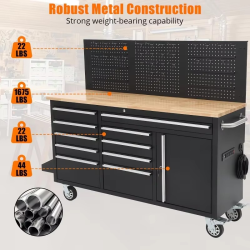 61" Heavy Duty Rolling Workbench with Solid Rubber Wood Top, Mobile Cabinet Workstation, 2000 LBS Load Capacity