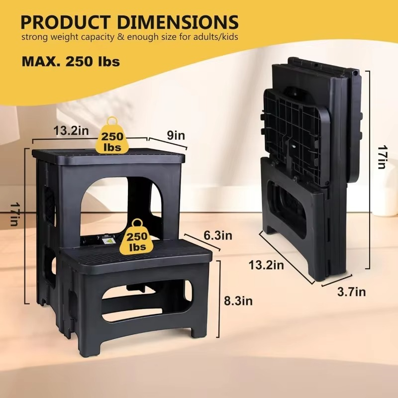 Folding 2 Step Stool, Non-Slip Collapsible Step Stool for Adults and Kids 8" Dual Heights, Holds 250 lbs, Portable Step Stool