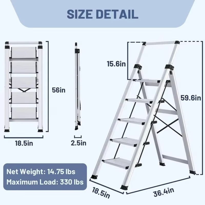 5 Step Ladder, Retractable Handgrip Folding Step Stool with Anti-Slip Wide Pedal, Aluminum Stool Ladders 5 Steps, 330lbs Safety