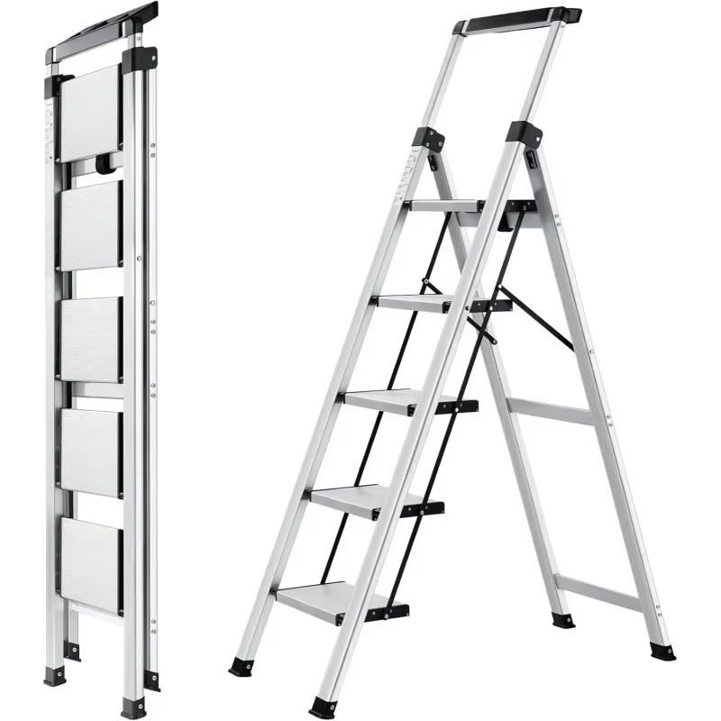 5 Step Ladder, Retractable Handgrip Folding Step Stool with Anti-Slip Wide Pedal, Aluminum Stool Ladders 5 Steps, 330lbs Safety