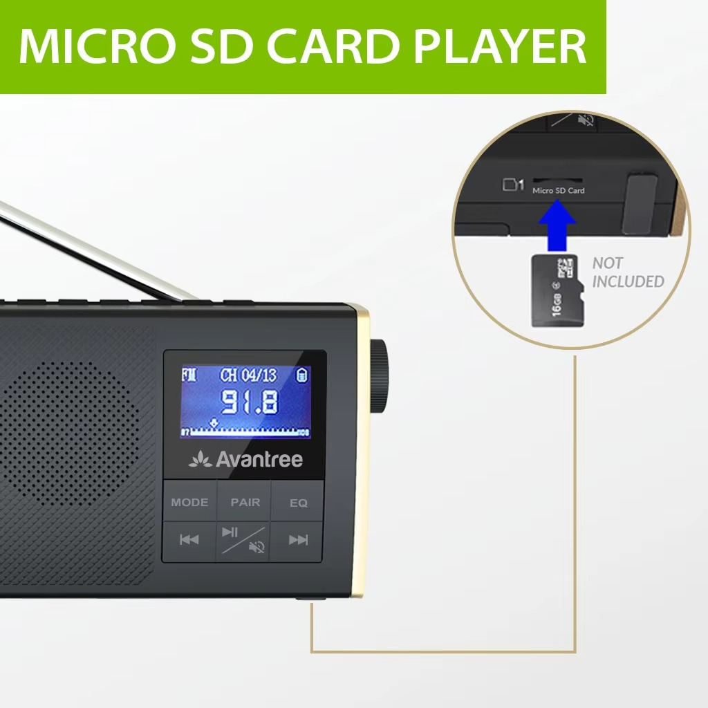Avantree Soundbyte T - Portable FM Radio with Bluetooth Speaker, Audio Transmitting to Wireless Headphones, SD Card Player Works