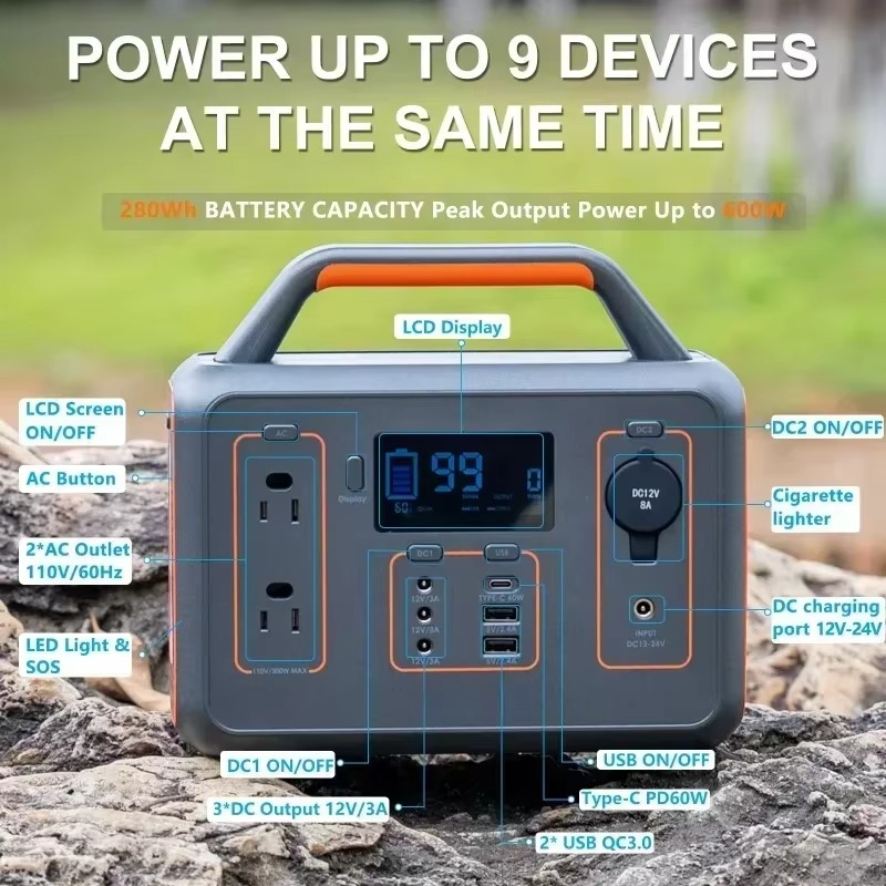 Portable Power Station 300W (Peak 600W) 280Wh Camping Solar Generator with AC 110V Pure Sine Wave USB-C