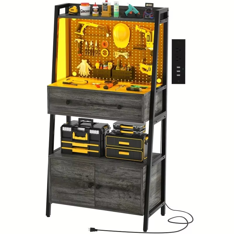 Small Workbench with Nail Board,BeltLEDGarage Table with Lights and Power Sockets,Workbench with Drawer