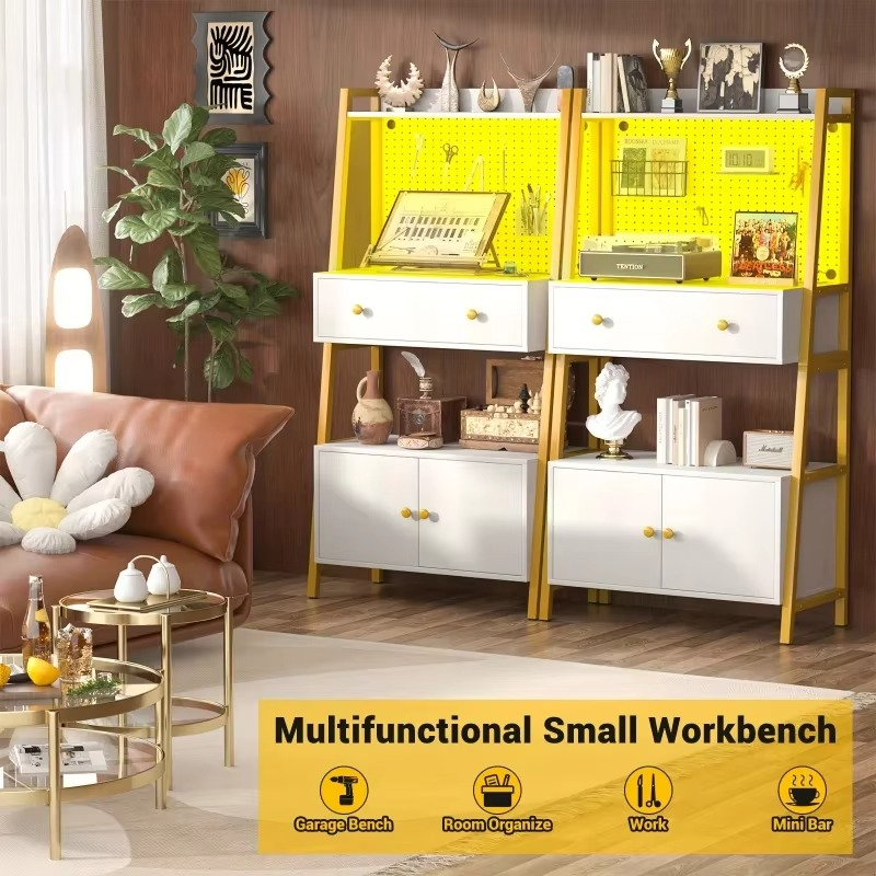 Small Workbench with Nail Board,BeltLEDGarage Table with Lights and Power Sockets,Workbench with Drawer
