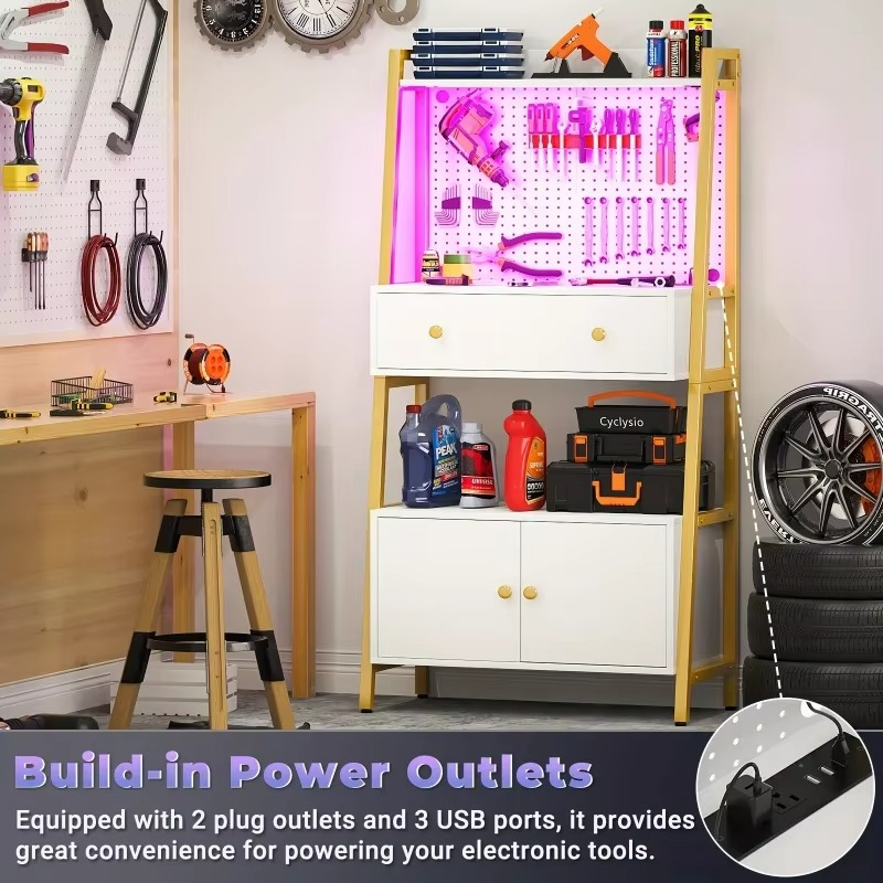 Small Workbench with Nail Board,BeltLEDGarage Table with Lights and Power Sockets,Workbench with Drawer