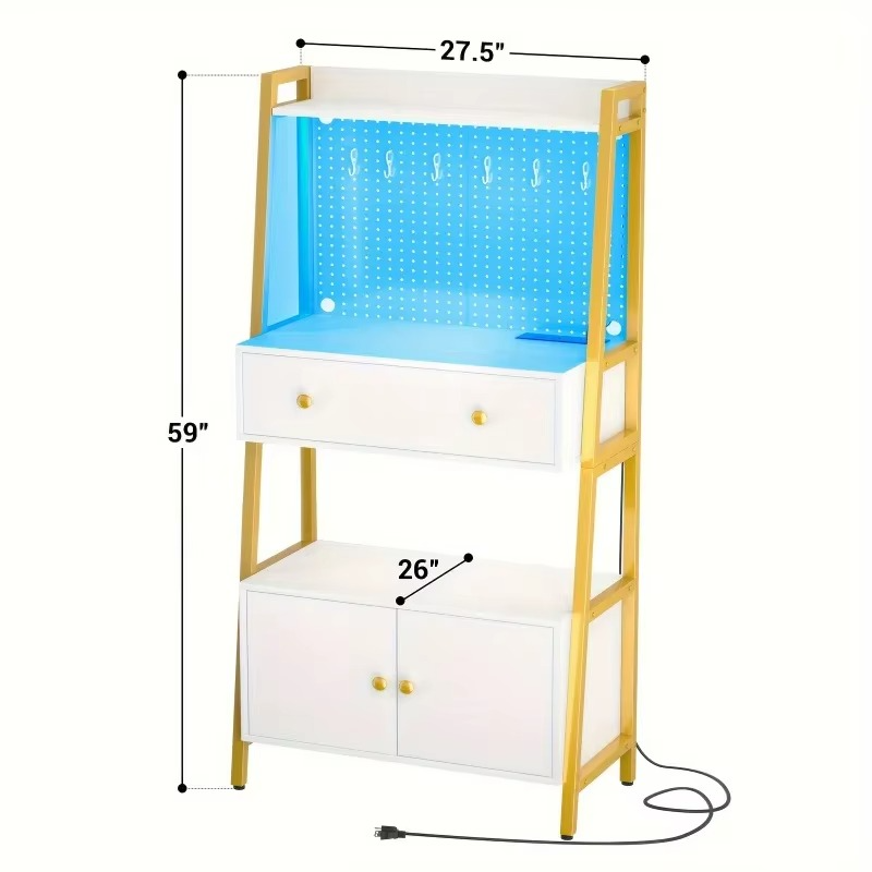 Small Workbench with Nail Board,BeltLEDGarage Table with Lights and Power Sockets,Workbench with Drawer