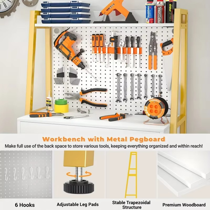 Small Workbench with Nail Board,BeltLEDGarage Table with Lights and Power Sockets,Workbench with Drawer