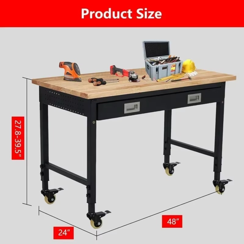 48" Adjustable Workbench, Heavy Duty Workstation 2000 lb Load Capacity, Rubberwood Top Workstation