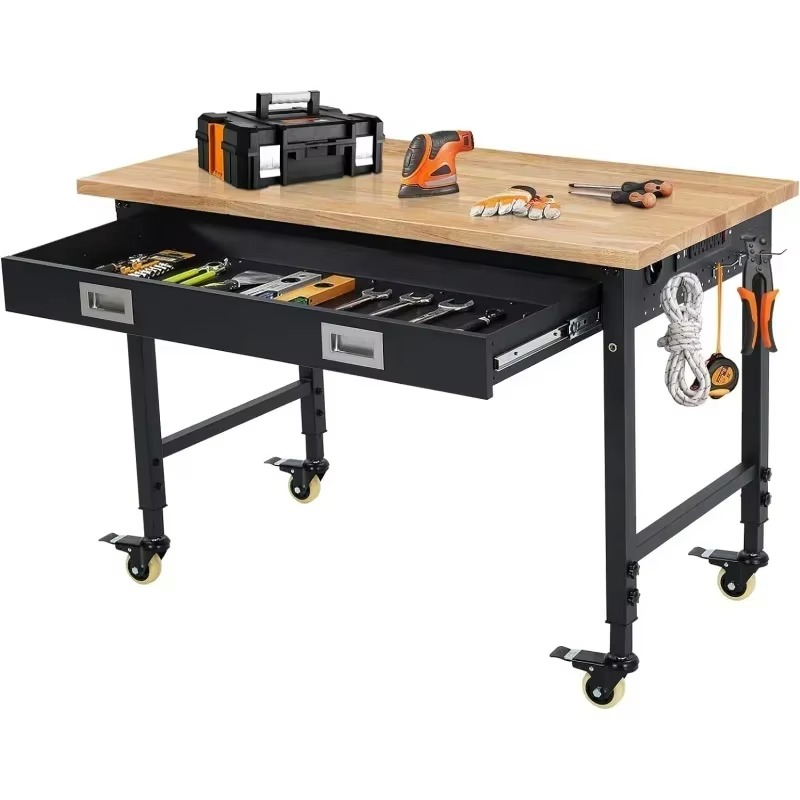 48" Adjustable Workbench, Heavy Duty Workstation 2000 lb Load Capacity, Rubberwood Top Workstation