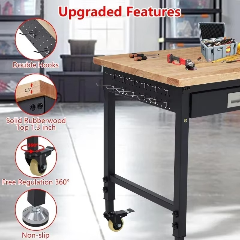 48" Adjustable Workbench, Heavy Duty Workstation 2000 lb Load Capacity, Rubberwood Top Workstation