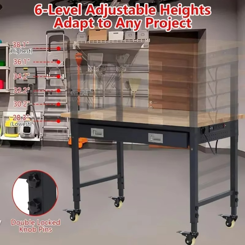 48" Adjustable Workbench, Heavy Duty Workstation 2000 lb Load Capacity, Rubberwood Top Workstation