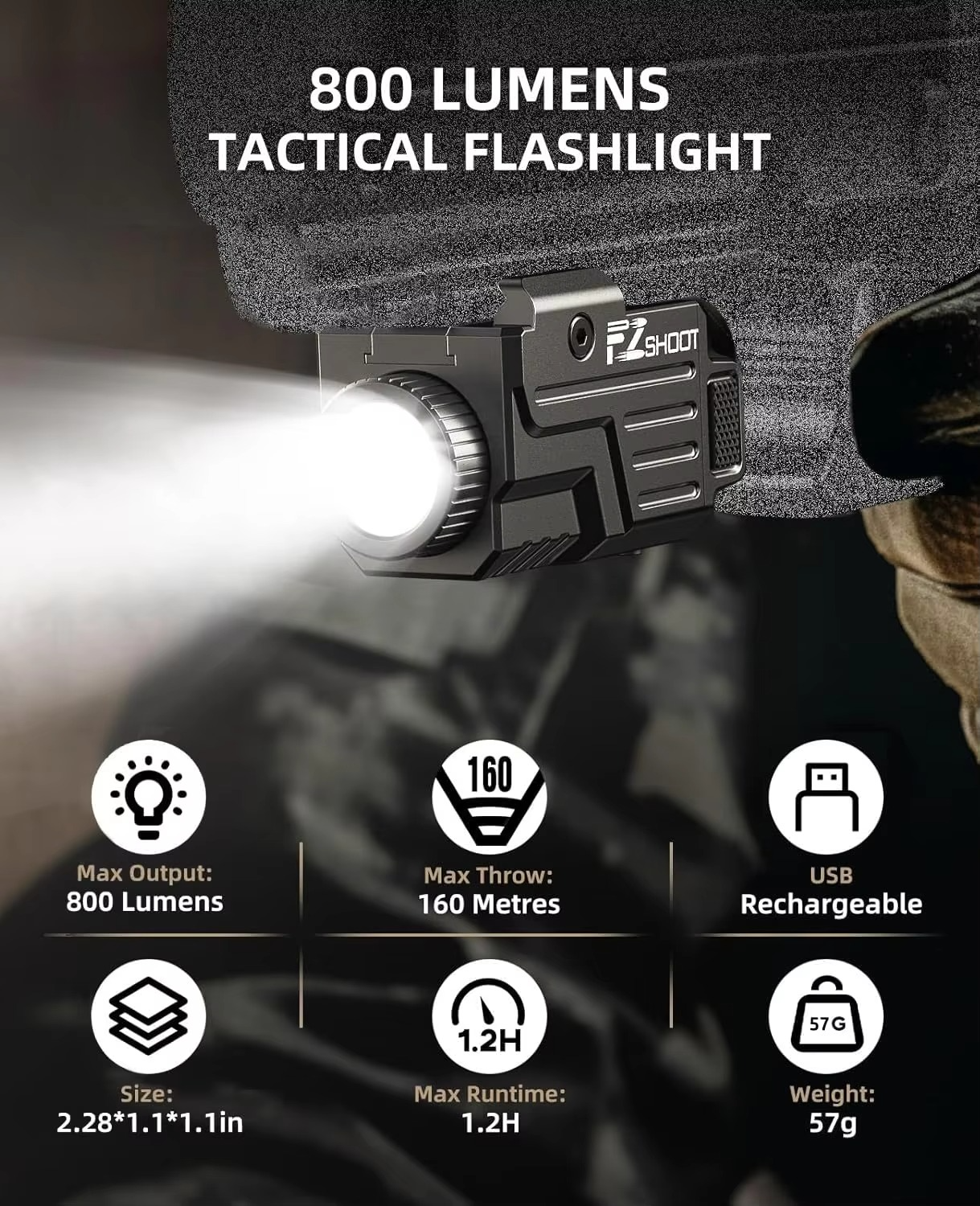 EZshoot Tactical Flashlight 800 Lumens Compact Pistol Light Rechargeable Compatible with Picatinny and GL Rails Strobe Mode
