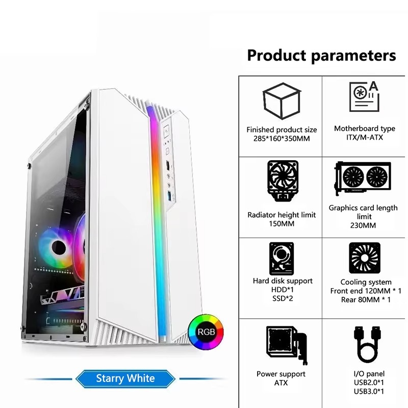 Acrylic Computer Tower with 230mm Graphic Card Slot, M-ATX/ITX Motherboard Support, SSD Compatibility, and RGB LEDs