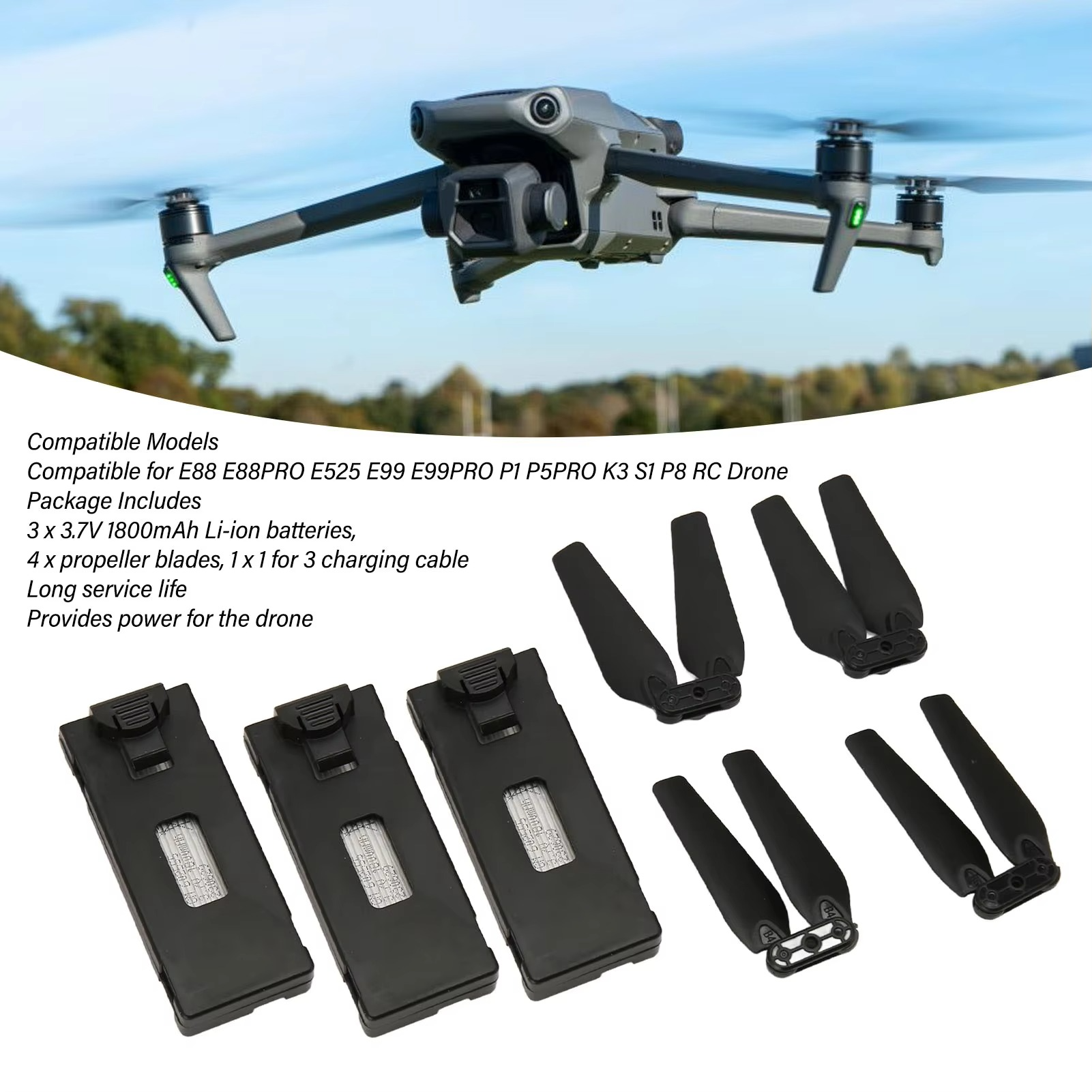 Light weight 3.7V 1800mAh Li ion Drone Battery for E88 E88PRO E525 E99 E99PRO P1 K3 S1 UAV RC Battery Replacement High Capacity