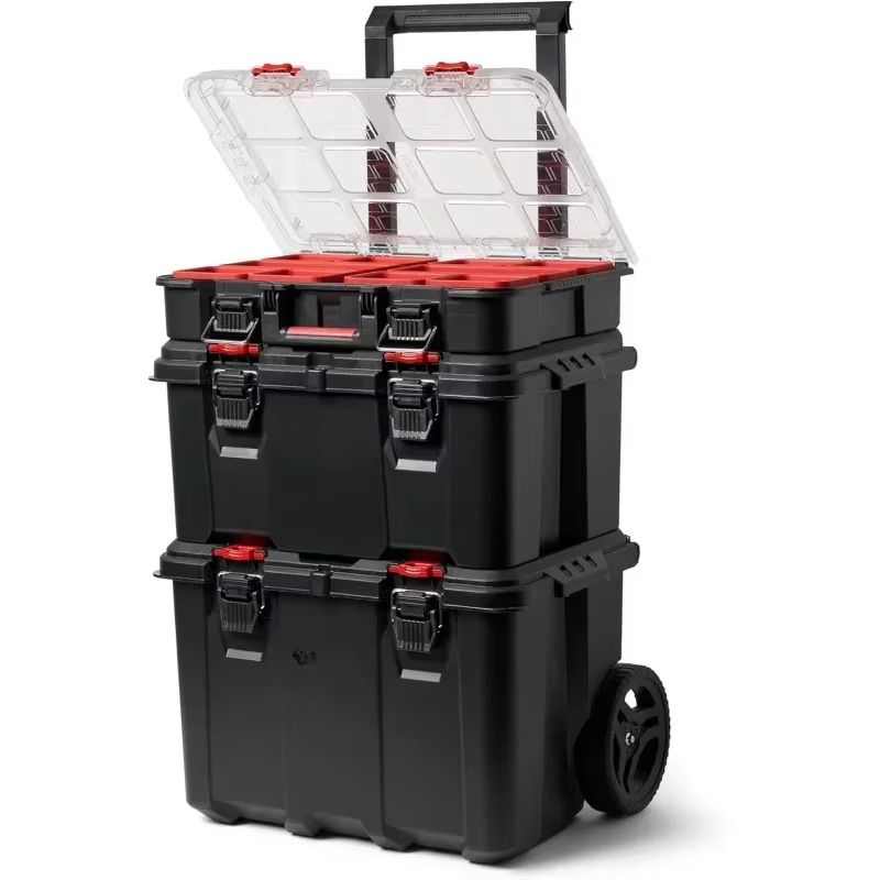 Stack-n-Roll Modular Tools Organizer for Garage Storage and DIY, 3 Piece Resin Rolling Tool Box System for Small Parts, Black