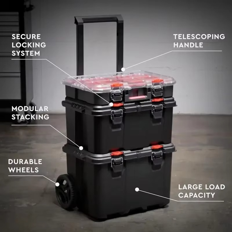 Stack-n-Roll Modular Tools Organizer for Garage Storage and DIY, 3 Piece Resin Rolling Tool Box System for Small Parts, Black