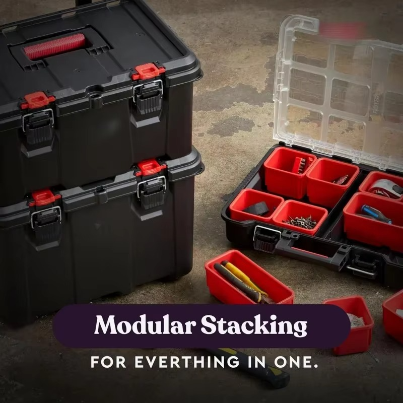 Stack-n-Roll Modular Tools Organizer for Garage Storage and DIY, 3 Piece Resin Rolling Tool Box System for Small Parts, Black