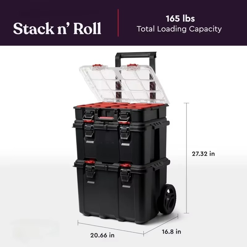 Stack-n-Roll Modular Tools Organizer for Garage Storage and DIY, 3 Piece Resin Rolling Tool Box System for Small Parts, Black