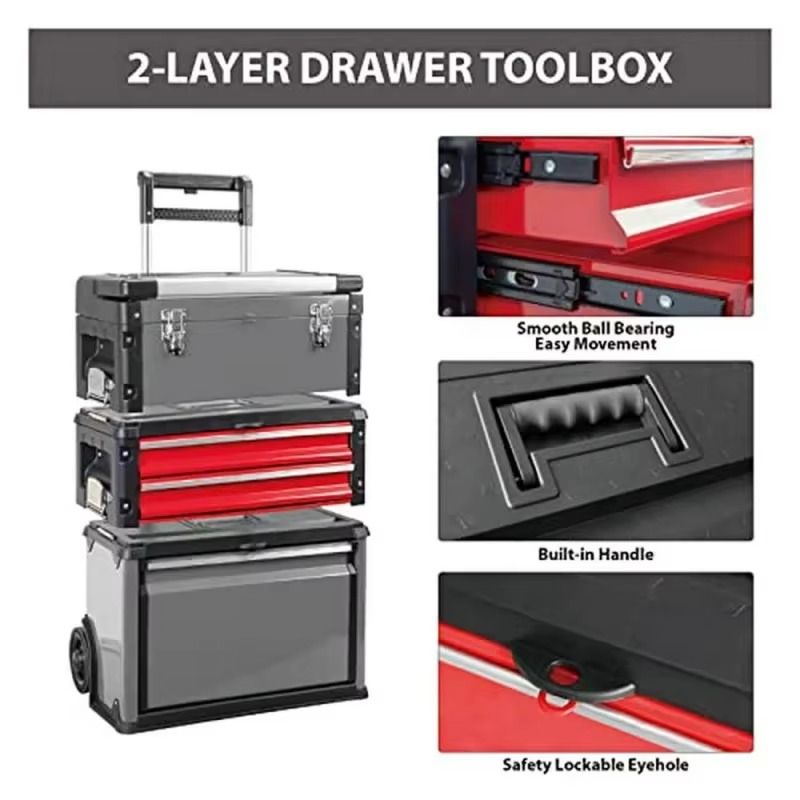 with Wheels and2Stackable One Toolbox Portable Metal with Combined Tools Drawers Vertical Rolling Tool Car