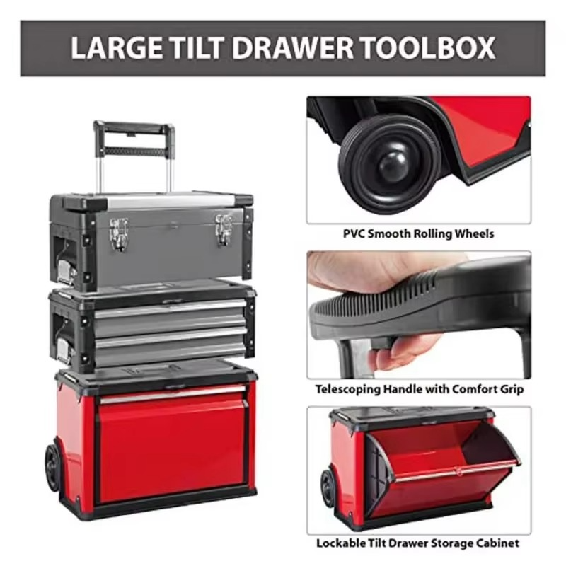 with Wheels and2Stackable One Toolbox Portable Metal with Combined Tools Drawers Vertical Rolling Tool Car