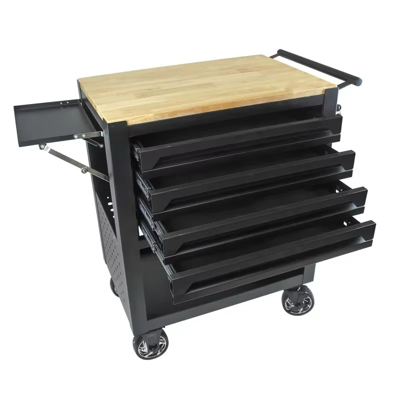 Four Drawer Rolling Tool Box,With Adjustable Shelf,Wooden Top,Mechanical Tool Cart,Workshop Storage Box with Wheels