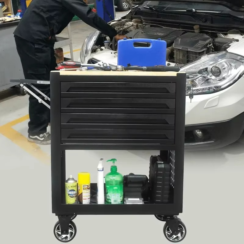 Four Drawer Rolling Tool Box,With Adjustable Shelf,Wooden Top,Mechanical Tool Cart,Workshop Storage Box with Wheels
