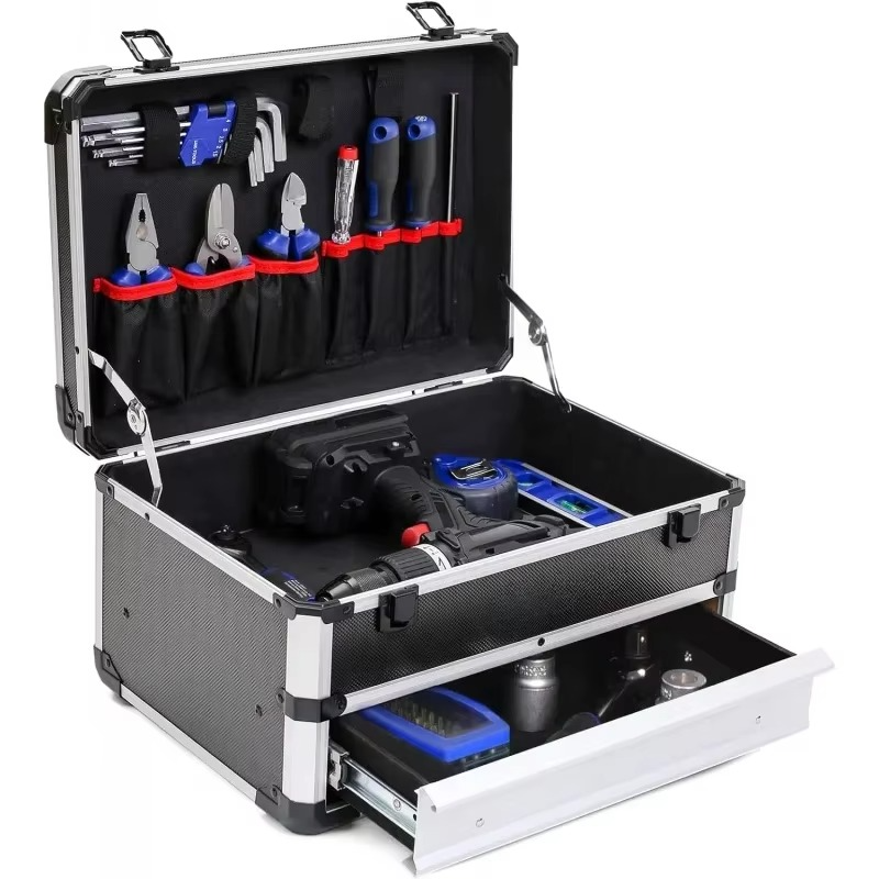 Tool Box Hard Case tool organizer storage cabinet carry case with Lock & drawers (Silver)