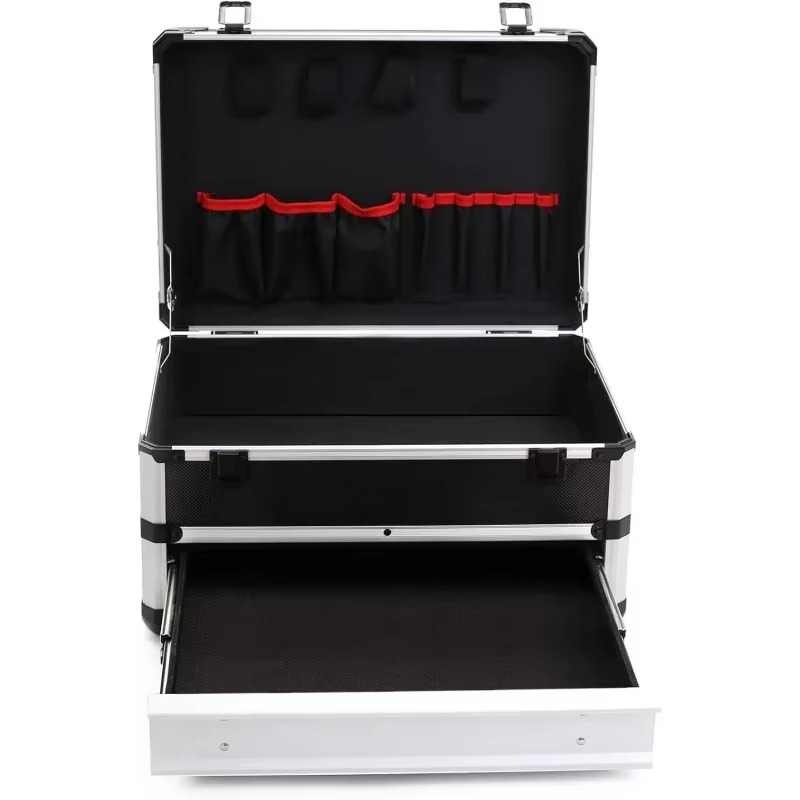 Tool Box Hard Case tool organizer storage cabinet carry case with Lock & drawers (Silver)