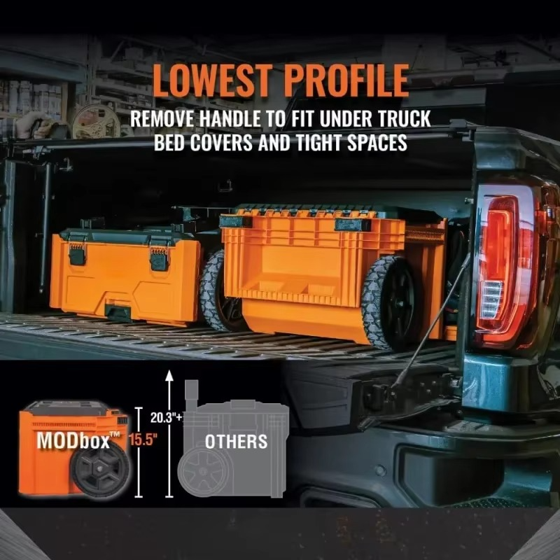 MODbox Rolling Tool Box, Heavy Duty Portable Tool Box Organizer with Side Mounting, 10-Inch Rubber Wheels, Removable Handle